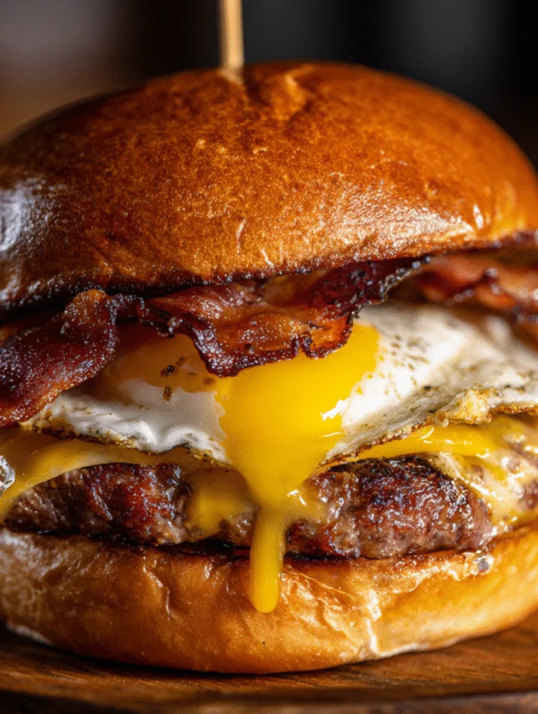 Burger Patties With Fried Eggs Carnivore Smash Burger Patties Close-up of a juicy beef bacon and egg cheeseburger with a runny yolk dripping over a grilled beef patty on a toasted brioche bun