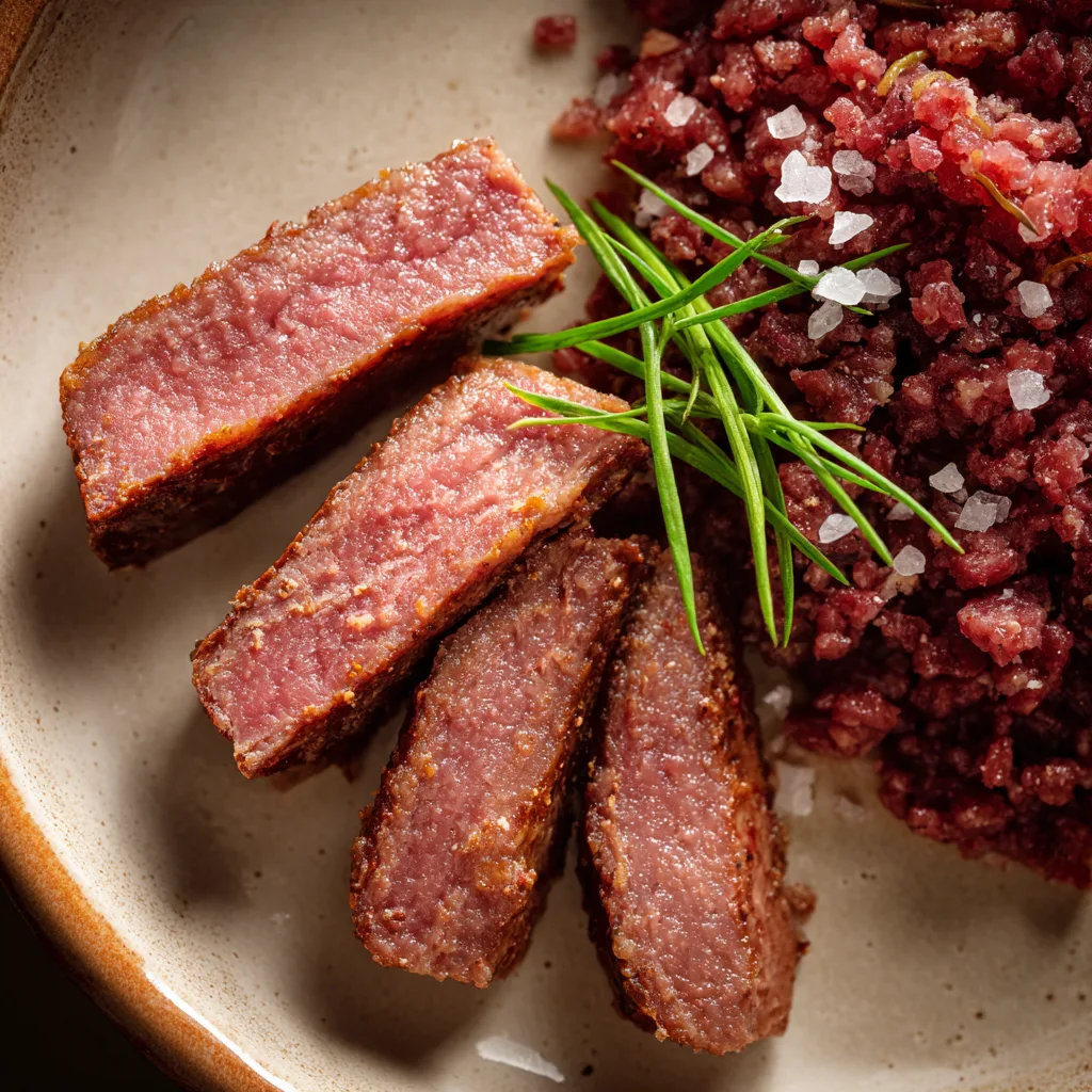 Carnivore Diet 7‑Day Meal Plan: Your Complete Guide for 4–6 Servings carnivore diet 7-day meal plan Sliced seared beef liver with ground beef and sea salt on a ceramic plate for Carnivore diet 7-day meal plan.