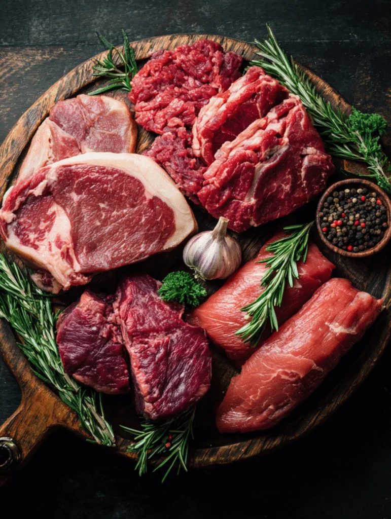 Best Cuts of Meat for Carnivore Diet Carnivore Meal Prep Ideas Assorted raw beef cuts on a wooden table