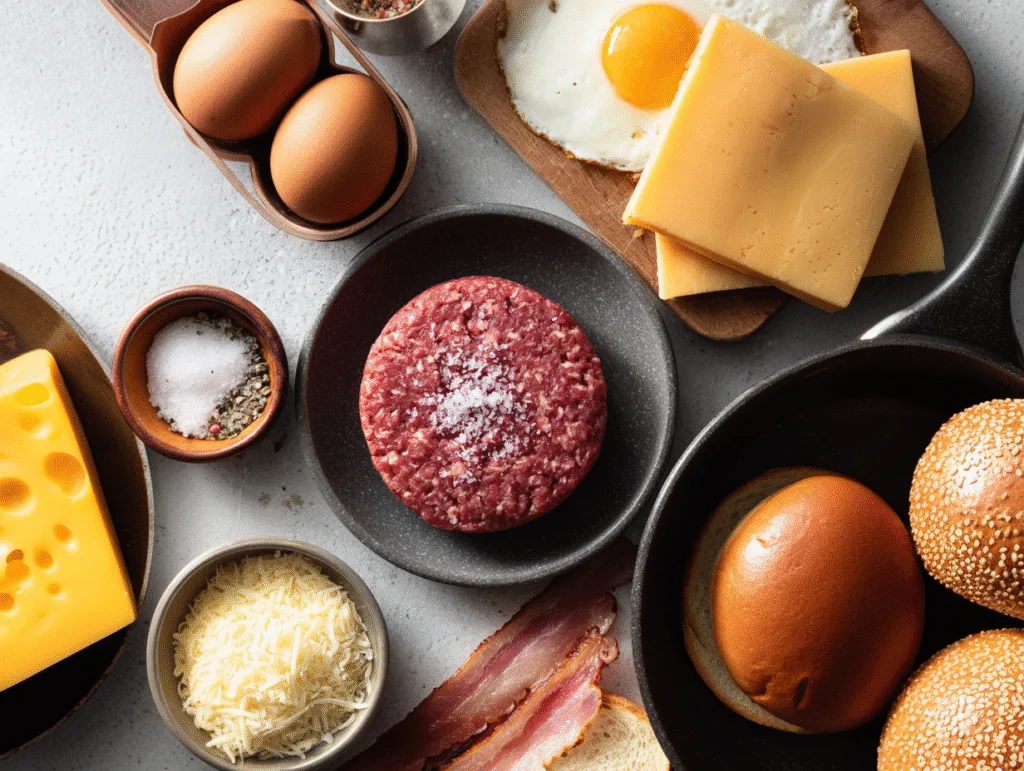 Burger Patties With Fried Eggs Fried Egg Burger Flat lay of burger ingredients including eggs, cheese slices, raw beef patty, beef bacon, buns, and seasonings on a white surface