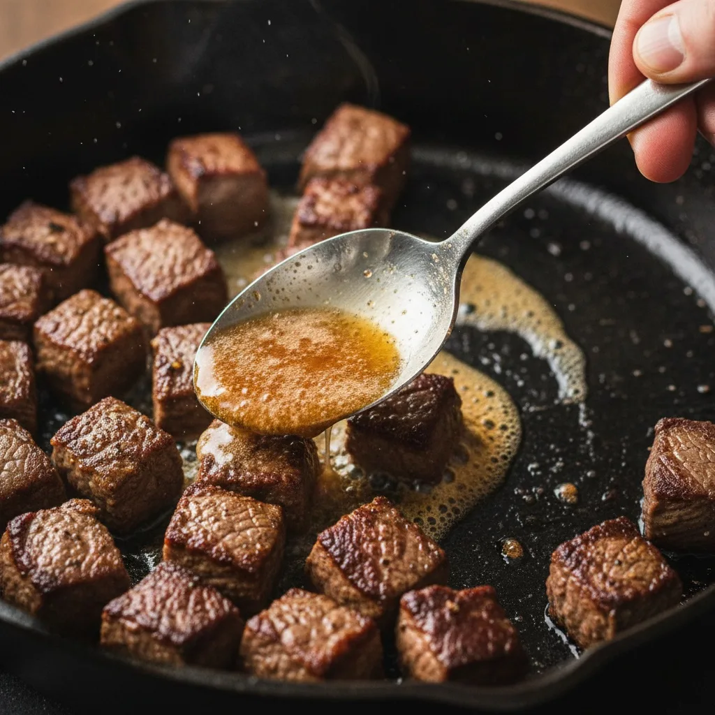Steak and Eggs Breakfast: The Ultimate Hearty Morning Meal steak and eggs breakfast Spoon basting hot butter over seared steak bites in a cast-iron skillet.