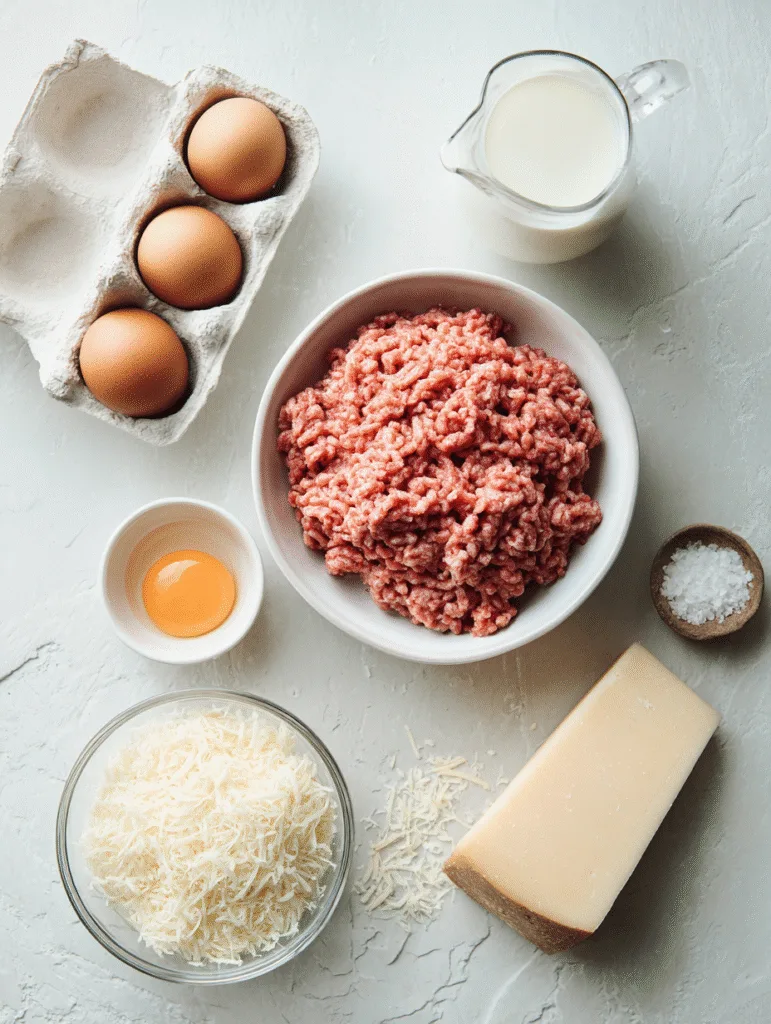 Carnivore Beef and Egg Gratin Carnivore Egg Gratin Overhead flat-lay of ground beef, eggs, shredded cheese, milk, and Parmesan prepared for a carnivore beef and egg bake.