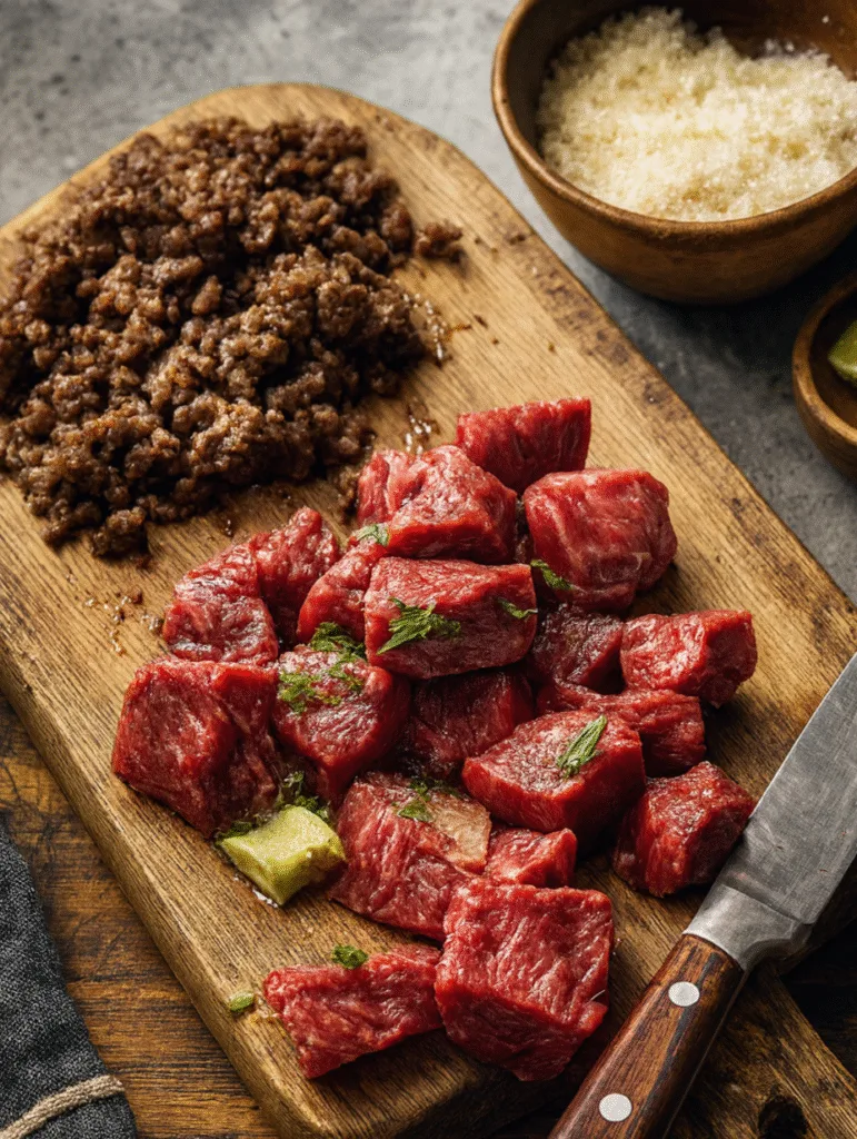 Carnivore Diet Side Effects & Adaptation Carnivore Meal Prep Ideas High-resolution image of raw beef cubes and cooked ground meat on a rustic wooden cutting board with a knife and bowls of salt and lime wedges.