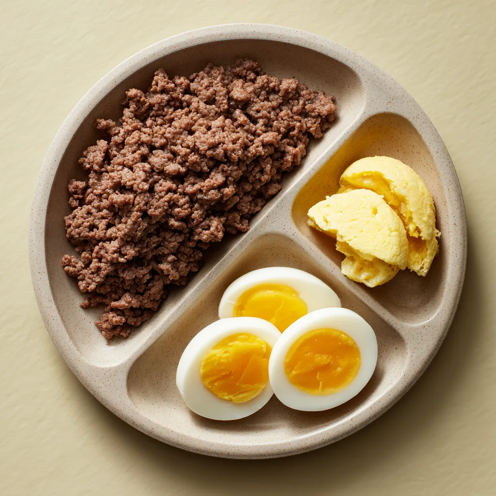 Carnivore Meal Prep Ideas – Your Complete Guide to Batch‑Cooking Meat‑Based Meals Carnivore Meal Prep Ideas Divided plate with ground beef, scrambled eggs, and soft-boiled eggs on a beige background for carnivore meal prep ideas