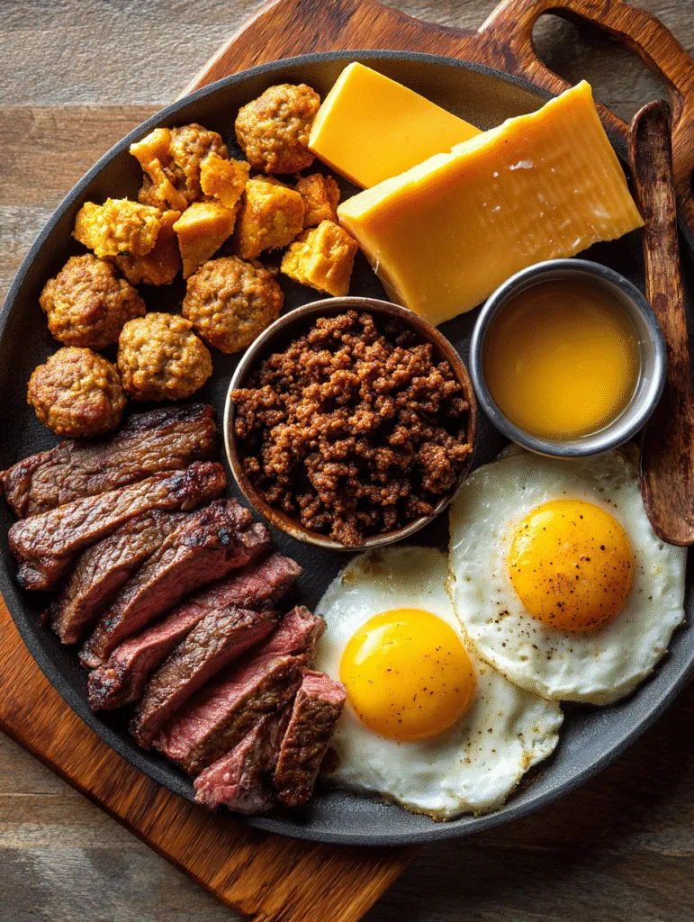 Carnivore Breakfast Ideas : Start Your Day with Protein Power Fried Egg Burger Carnivore breakfast plate with sliced steak, sunny-side-up eggs, meatballs, cheese, and ground beef.