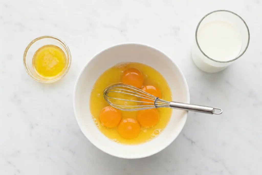 Carnivore Cake Recipe: Simple, Animal‑Based Dessert Without Flour or Sugar Carnivore Cake Recipe Ingredients for carnivore cake recipe, eggs, melted butter, and cream in bowls on a marble surface.