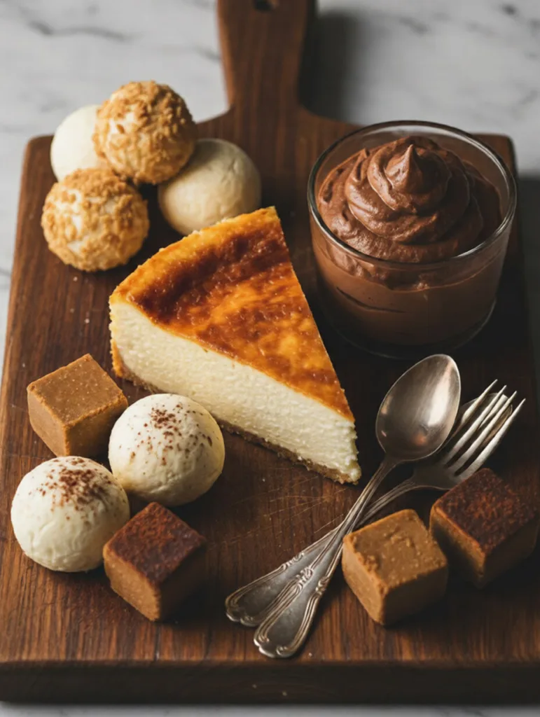 Carnivore Diet Desserts: The Ultimate Guide to Sweet Treats Without the Sugar Carnivore Smash Burger Patties Carnivore dessert platter with cheesecake slice, chocolate mousse, truffle bites, and caramel fudge squares on a wooden board
