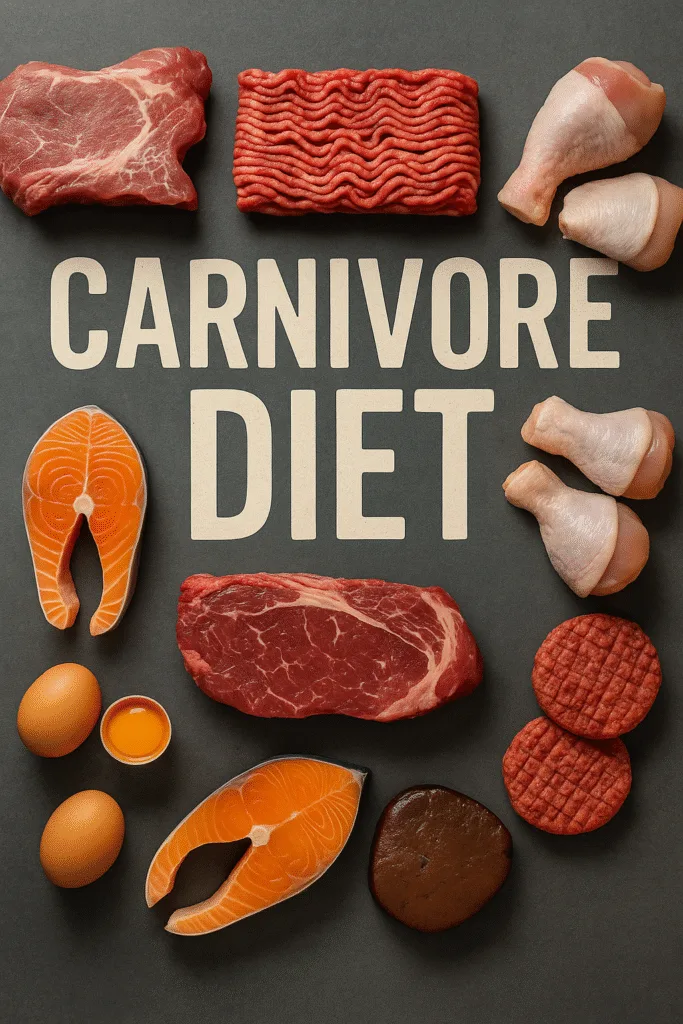 Carnivore Diet : The Ultimate Guide for Beginners Carnivore Diet Meal Plan Raw meat, eggs, chicken, and salmon arranged around text "Carnivore Diet" on dark background Carnivore Diet Meal Plan
