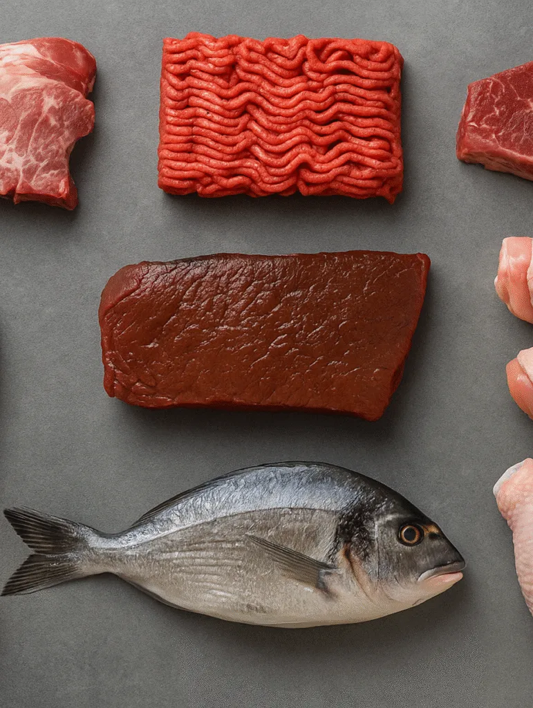 Carnivore Diet : The Ultimate Guide for Beginners Carnivore Meal Prep Ideas Selection of raw meats including beef, fish, chicken, and salmon, arranged on a gray background
