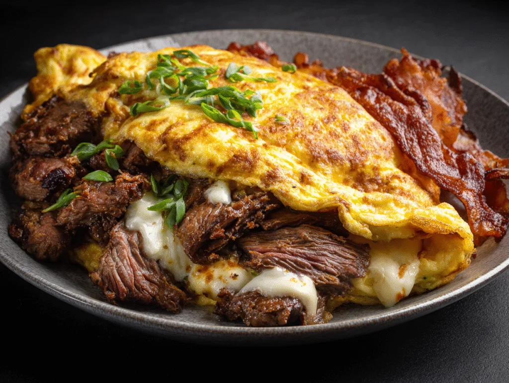 Carnivore omelette filled with shredded beef and cheese served with crispy beef bacon.