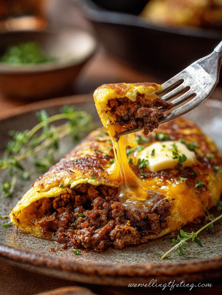 Carnivore Omelette: The High‑Protein Breakfast That Works Fried Egg Burger Close-up of a cheesy carnivore omelette with ground beef and melted cheese lifted by a fork.