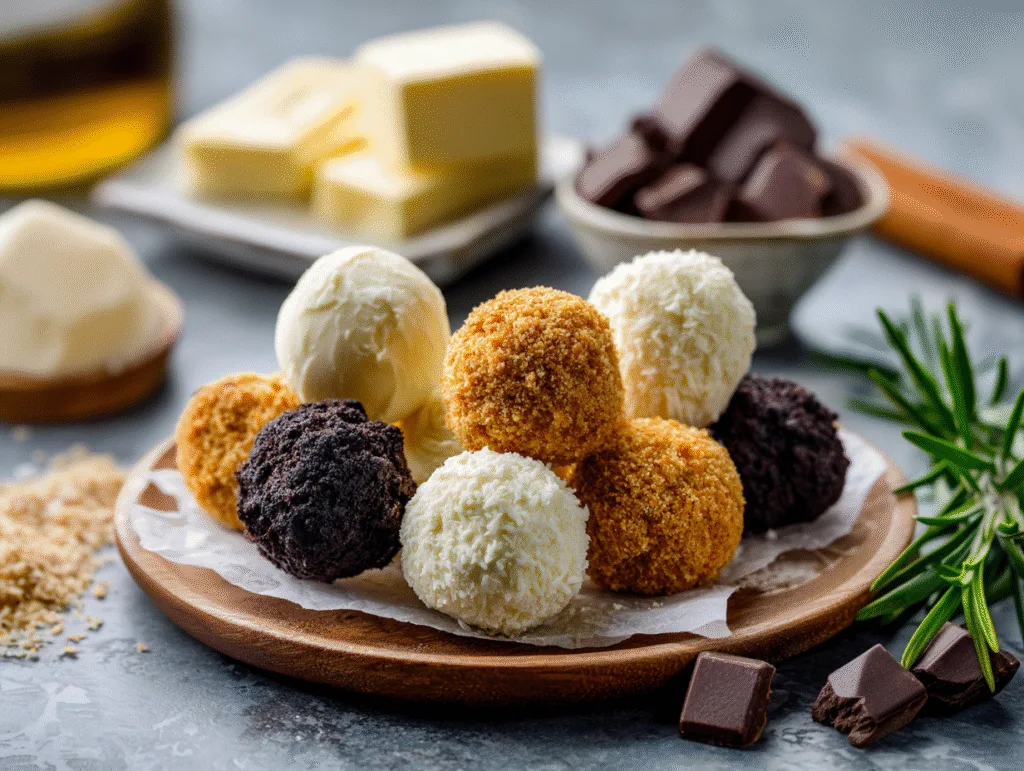 Cream Cheese Bites: Simple, Low-Carb Carnivore Desserts You’ll Love Cream Cheese Bites Mixed cream cheese bites coated in chocolate, vanilla, and crunchy crumbs on a wooden plate.