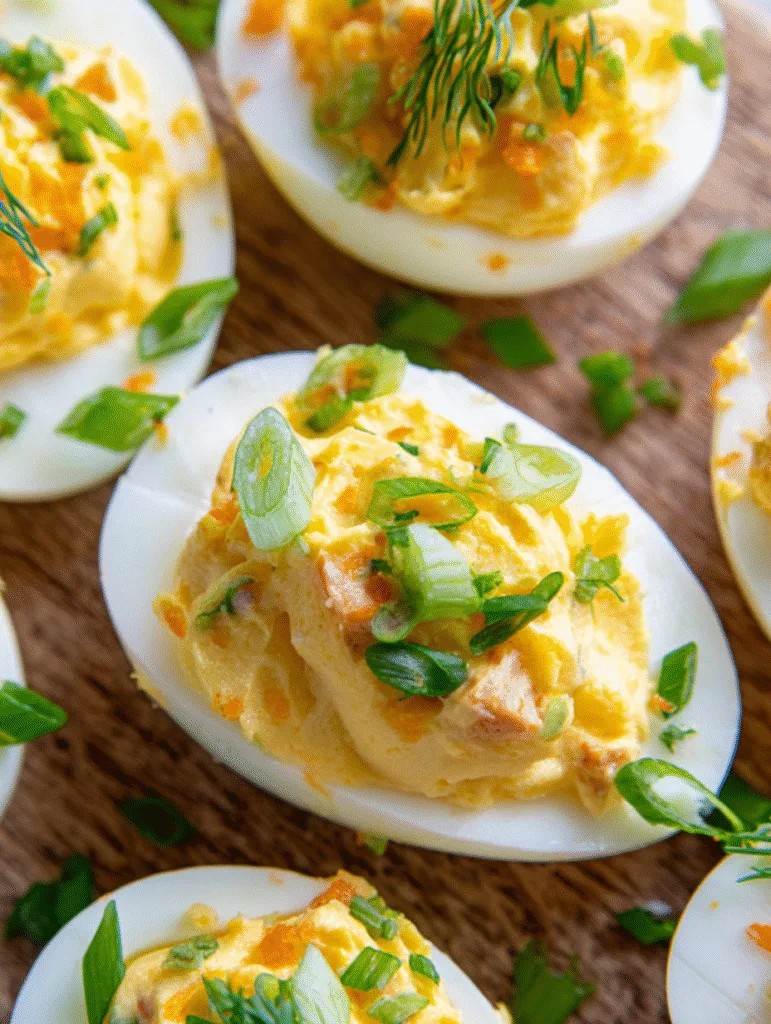 Hard‑Boiled Egg Bites: A Protein‑Packed, Easy Breakfast or Snack Fried Egg Burger Close-up of creamy deviled eggs topped with chopped green onions and fresh dill on a wooden board