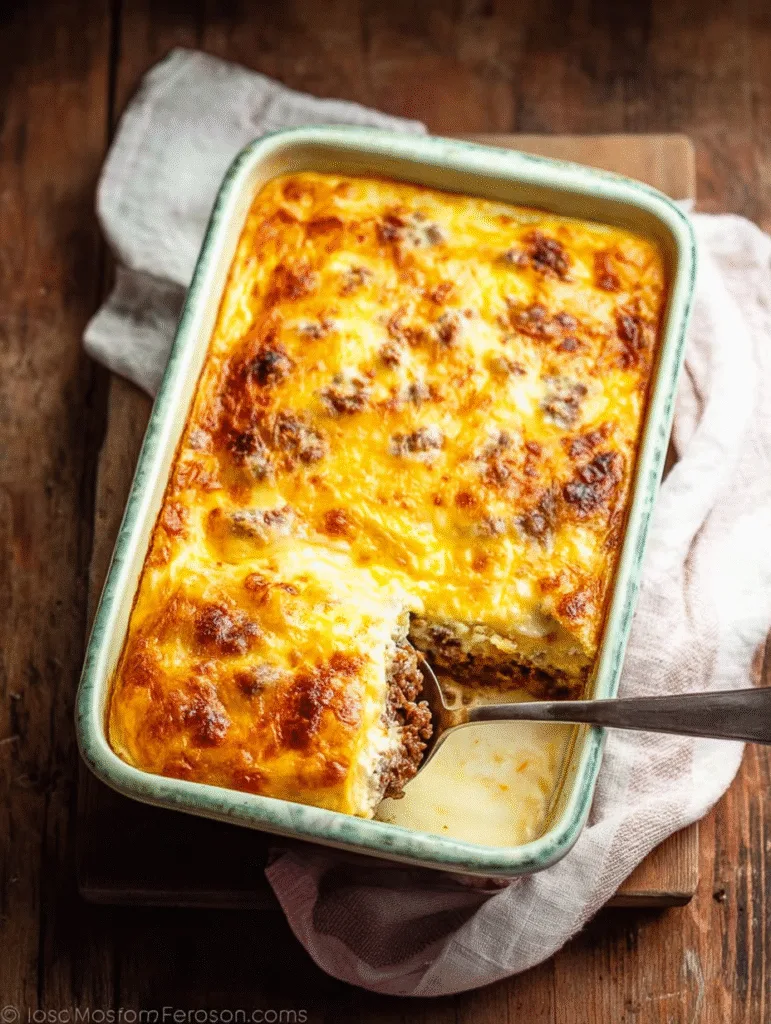 Carnivore Beef and Egg Gratin Carnivore Egg Gratin Golden-brown carnivore beef and egg casserole baked in a rectangular dish.