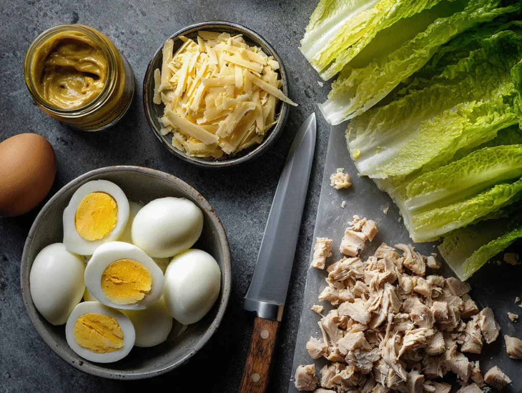 Hard‑Boiled Egg Bites: A Protein‑Packed, Easy Breakfast or Snack Hard-boiled egg bites Ingredients for Hard-Boiled Egg Bites including eggs, chicken, cheese, and lettuce arranged on a counter