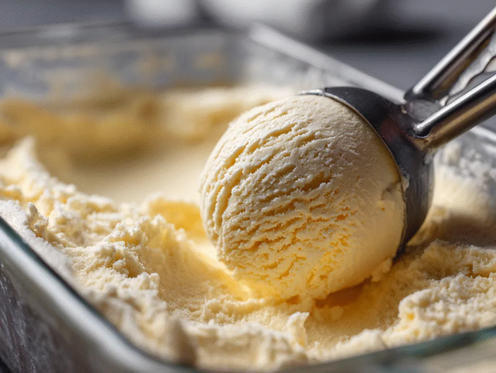 Carnivore Ice Cream Recipe - How to Make Creamy, Zero‑Carb Ice Cream at Home carnivore ice cream recipe Side-angle scoop of carnivore ice cream being lifted from a glass dish.