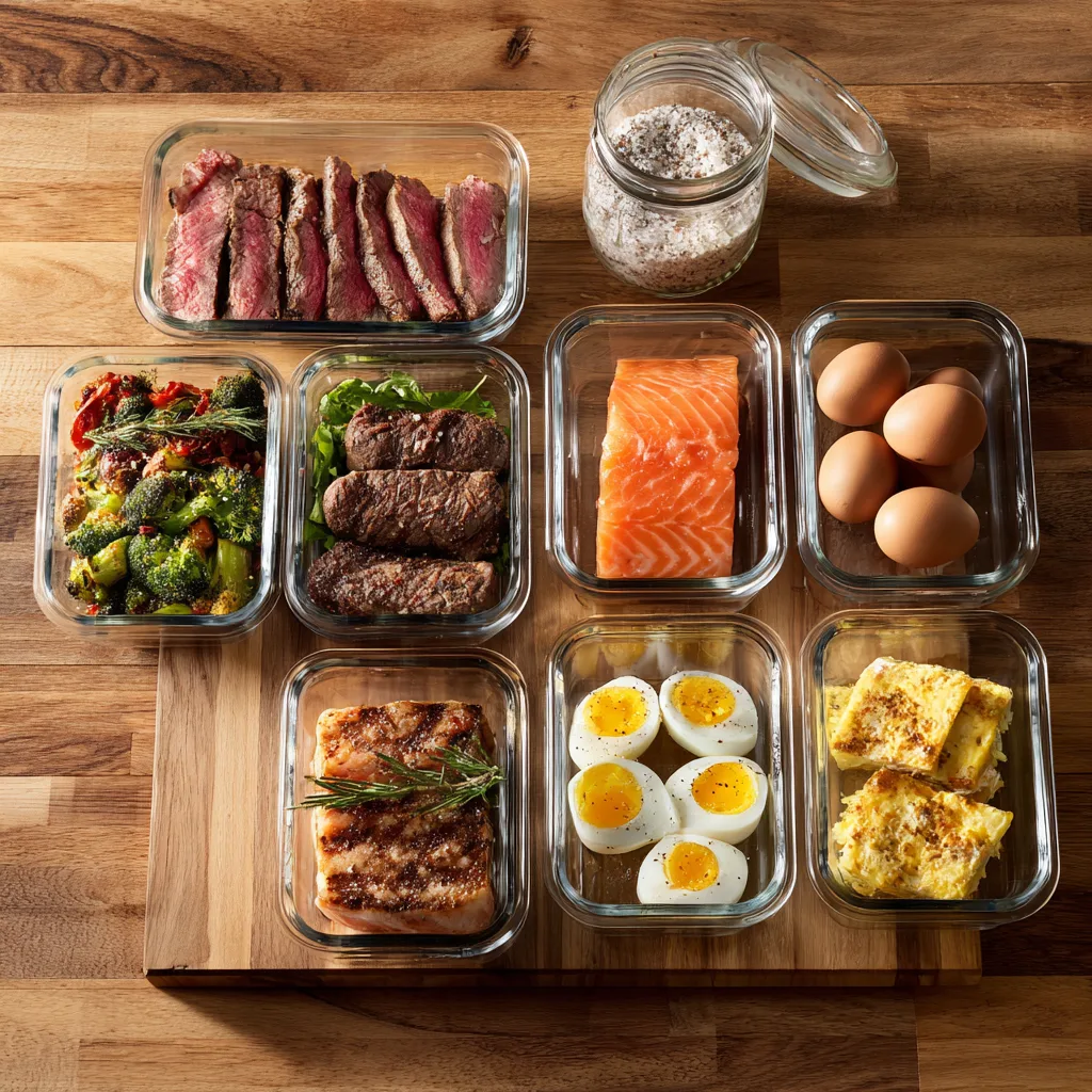 Carnivore Diet 7‑Day Meal Plan: Your Complete Guide for 4–6 Servings carnivore diet 7-day meal plan Meal prep boxes with steak, salmon, broccoli, eggs, and casserole for keto and carnivore diets for Carnivore diet 7-day meal plan