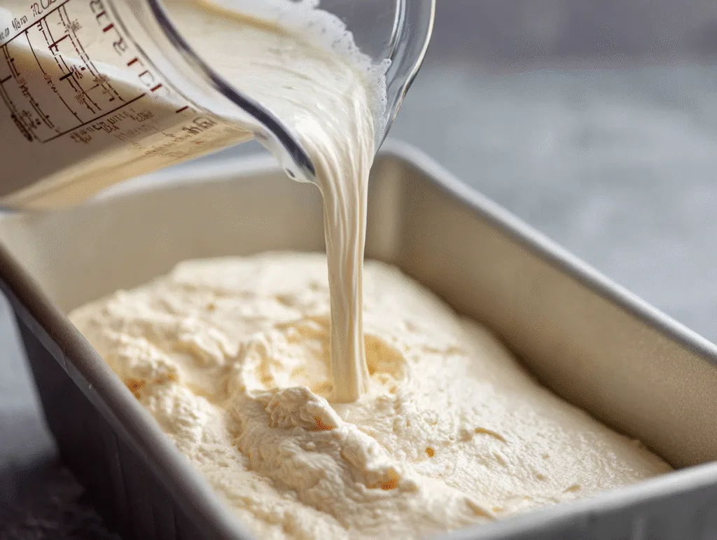 Carnivore Ice Cream Recipe - How to Make Creamy, Zero‑Carb Ice Cream at Home carnivore ice cream recipe Thick ice cream base being poured from a measuring cup into a loaf pan.