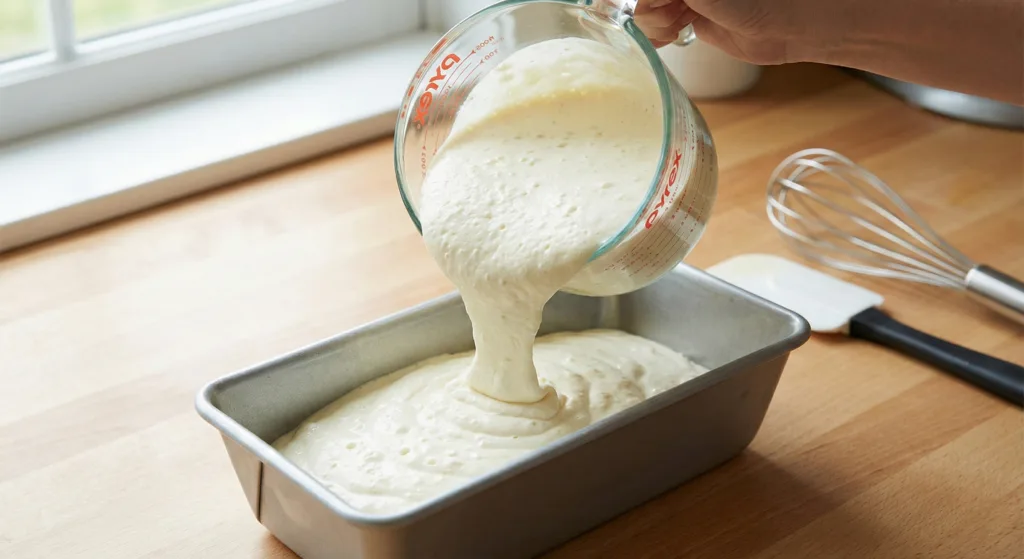 Carnivore Ice Cream Recipe - How to Make Creamy, Zero‑Carb Ice Cream at Home carnivore ice cream recipe Ice cream mixture being poured from a Pyrex measuring cup into a loaf pan on a wooden countertop.