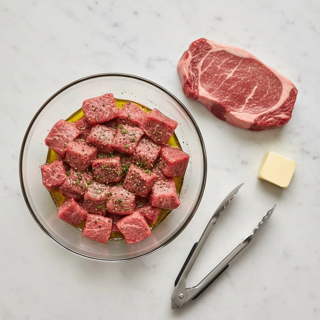 Steak and Eggs Breakfast: The Ultimate Hearty Morning Meal steak and eggs breakfast Raw steak cubes seasoned in olive oil with a ribeye and butter on the side.
