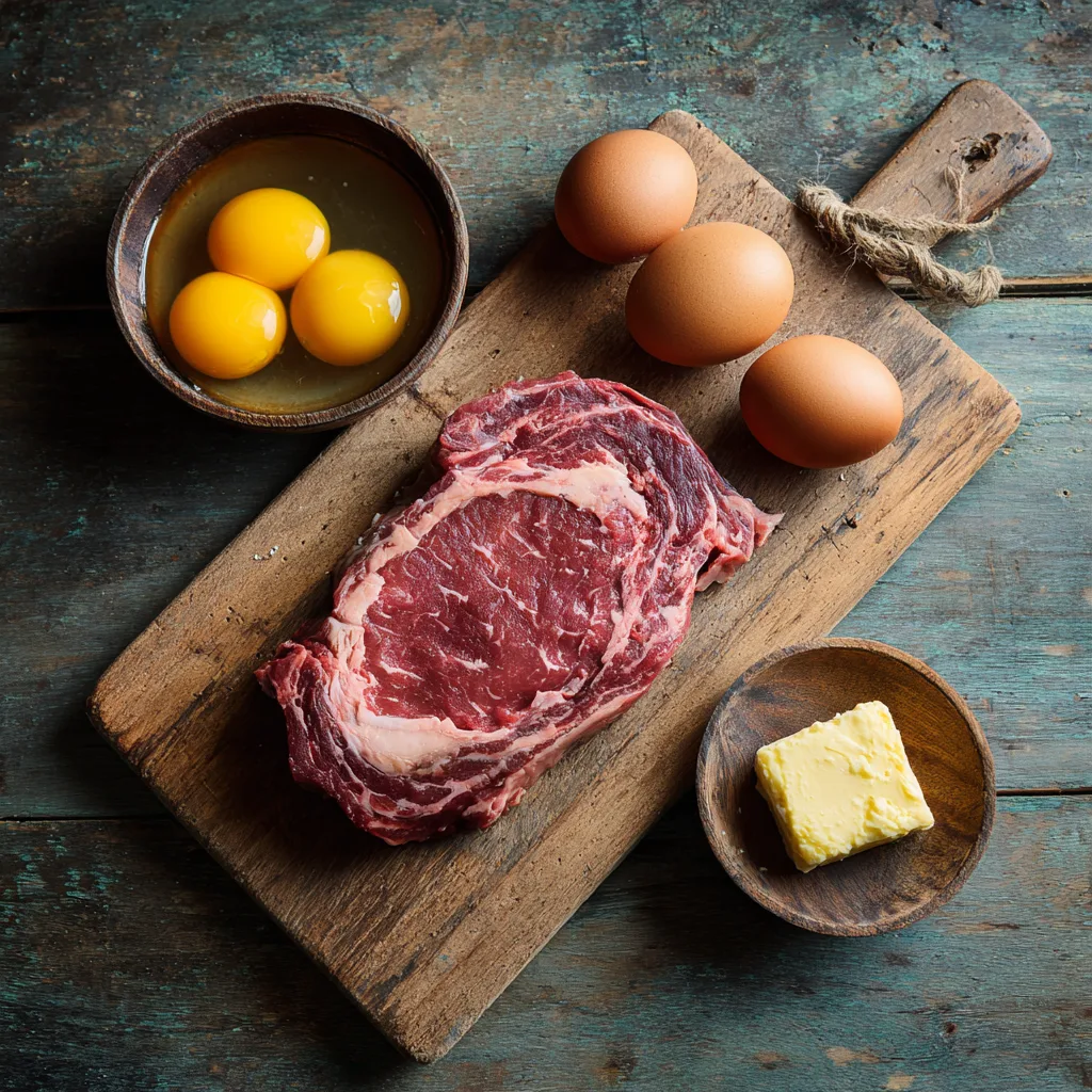 Powerful Carnivore Diet for Weight Loss: Your Complete Guide to Body Fat Reduction carnivore diet for weight loss Uncooked ribeye steak, whole eggs, cracked eggs, and a pat of butter arranged on a rustic wooden cutting board