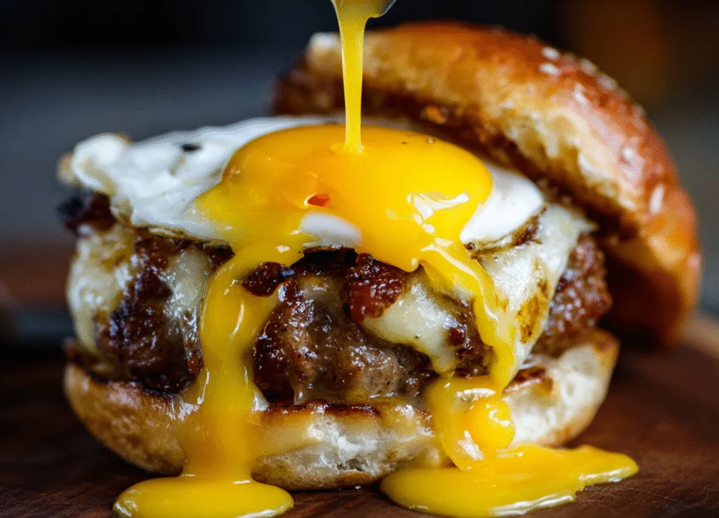 Burger Patties With Fried Eggs Fried Egg Burger Extreme close-up of a runny fried egg dripping yolk over a melted cheese burger patty on a brioche bun