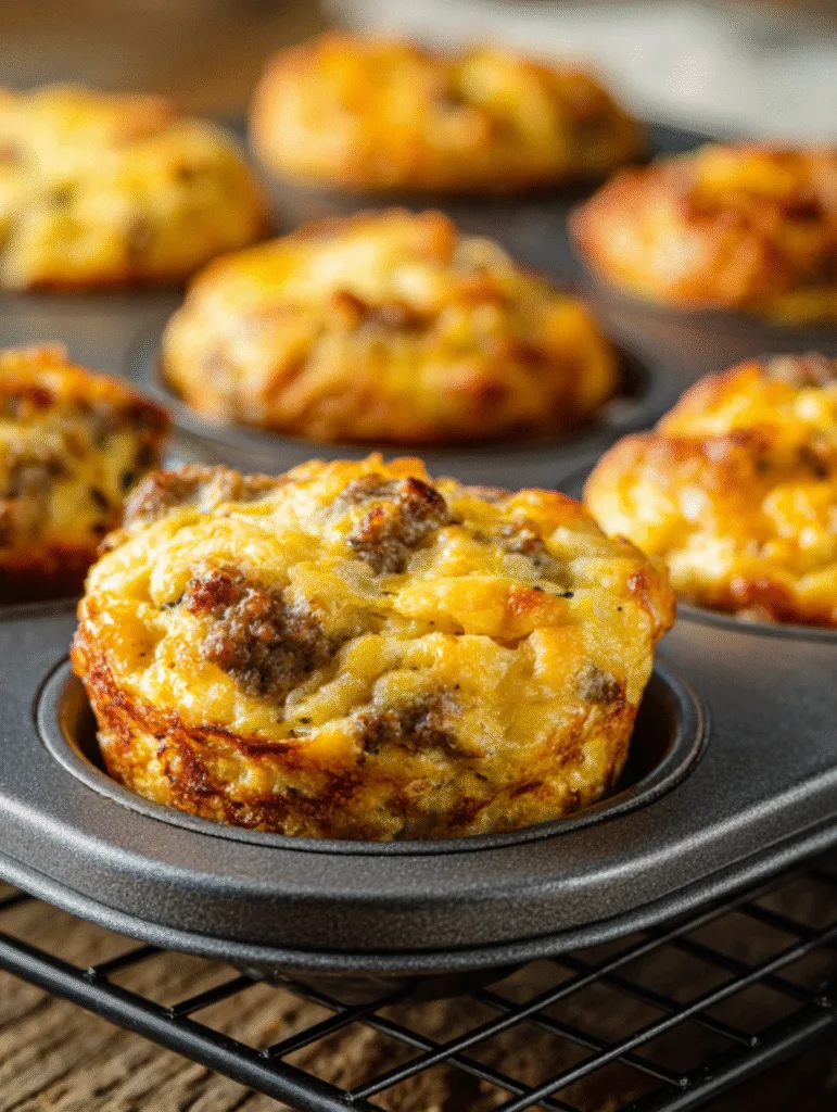 Carnivore Breakfast Muffins: A Protein-Packed Start to Your Day Fried Egg Burger Close-up of freshly baked sausage, egg, and cheese breakfast muffins in a muffin tray cooling on a rack.