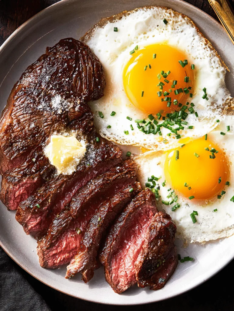 Steak and Eggs Breakfast: The Ultimate Hearty Morning Meal Fried Egg Burger Close-up of a juicy sliced steak served with sunny-side-up eggs and fresh chives.