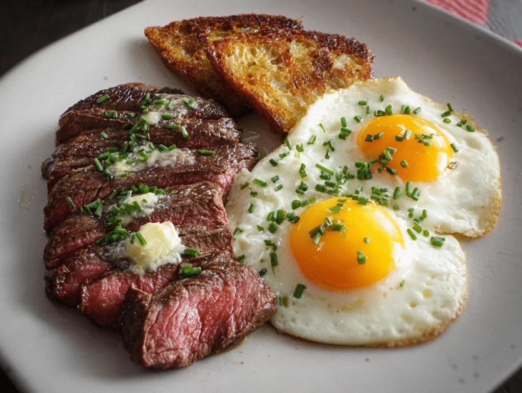 Steak and Eggs Breakfast: The Ultimate Hearty Morning Meal steak and eggs breakfast Sliced steak with sunny-side-up eggs and a crispy toasted slice on a plate.