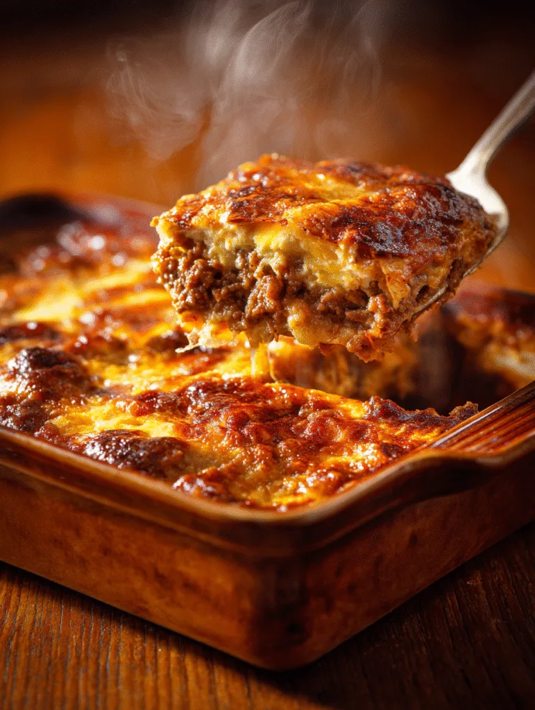 Carnivore Beef and Egg Gratin Fried Egg Burger A steaming scoop of carnivore beef and egg casserole lifted from a baking dish.