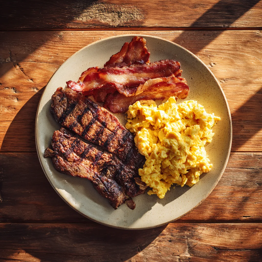 Carnivore Breakfast Ideas: High‑Protein, Meat‑Only Morning Meals for the Carnivore Diet carnivore breakfast ideas Ribeye steak, beef bacon, and scrambled eggs on a plate for carnivore breakfast ideas