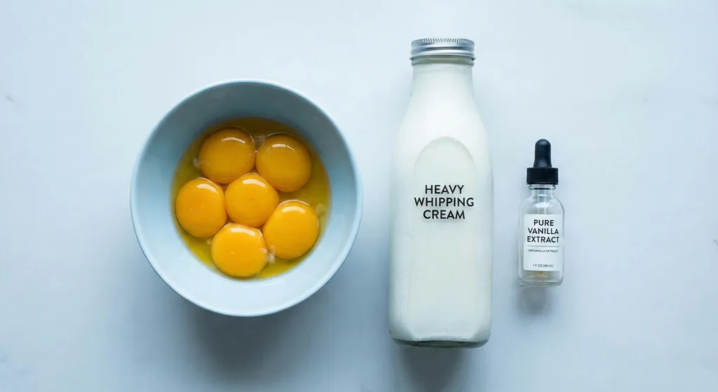 Carnivore Ice Cream Recipe - How to Make Creamy, Zero‑Carb Ice Cream at Home carnivore ice cream recipe Flat lay of ice cream ingredients including egg yolks, heavy whipping cream, and vanilla extract.