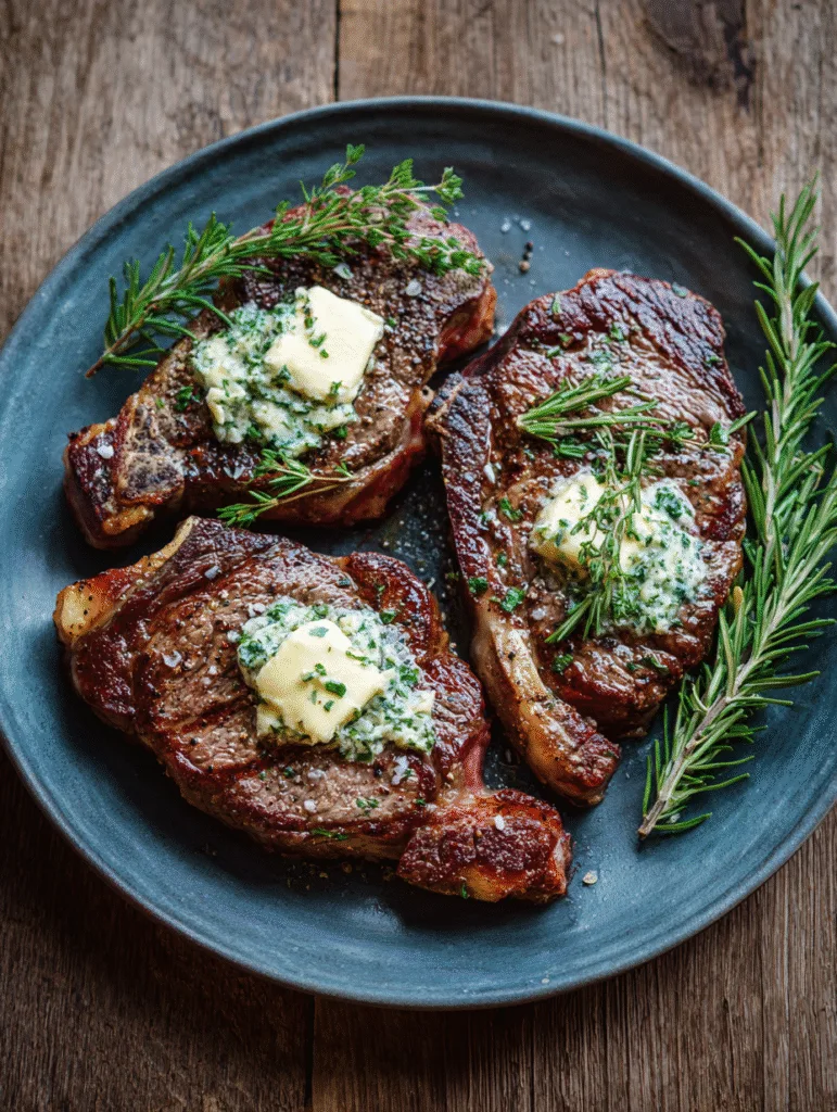 Ribeye Steak with Garlic Butter : The Ultimate Carnivore Dish for Steak Lovers Carnivore Smash Burger Patties Three ribeye steaks topped with garlic butter and rosemary on a serving plate